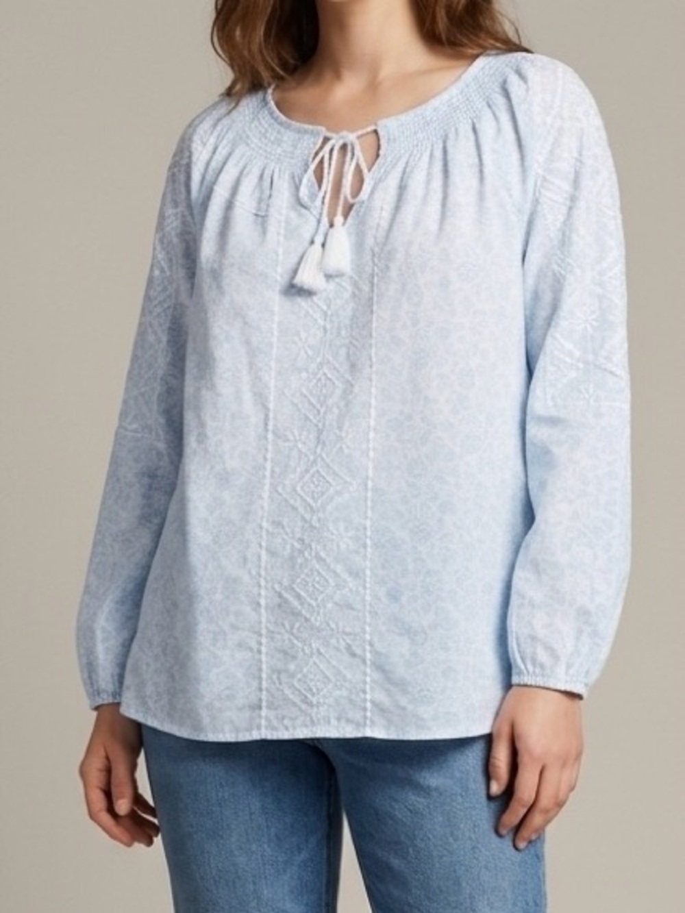 Joie Linen-Blend Embroidered Peasant Blouse Blue Floral Size M Coastal Boho